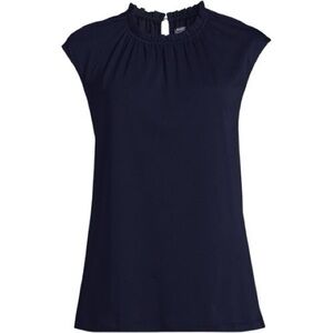 Lands' End Navy Smocked Ruffle Neck Cap Sleeve Top